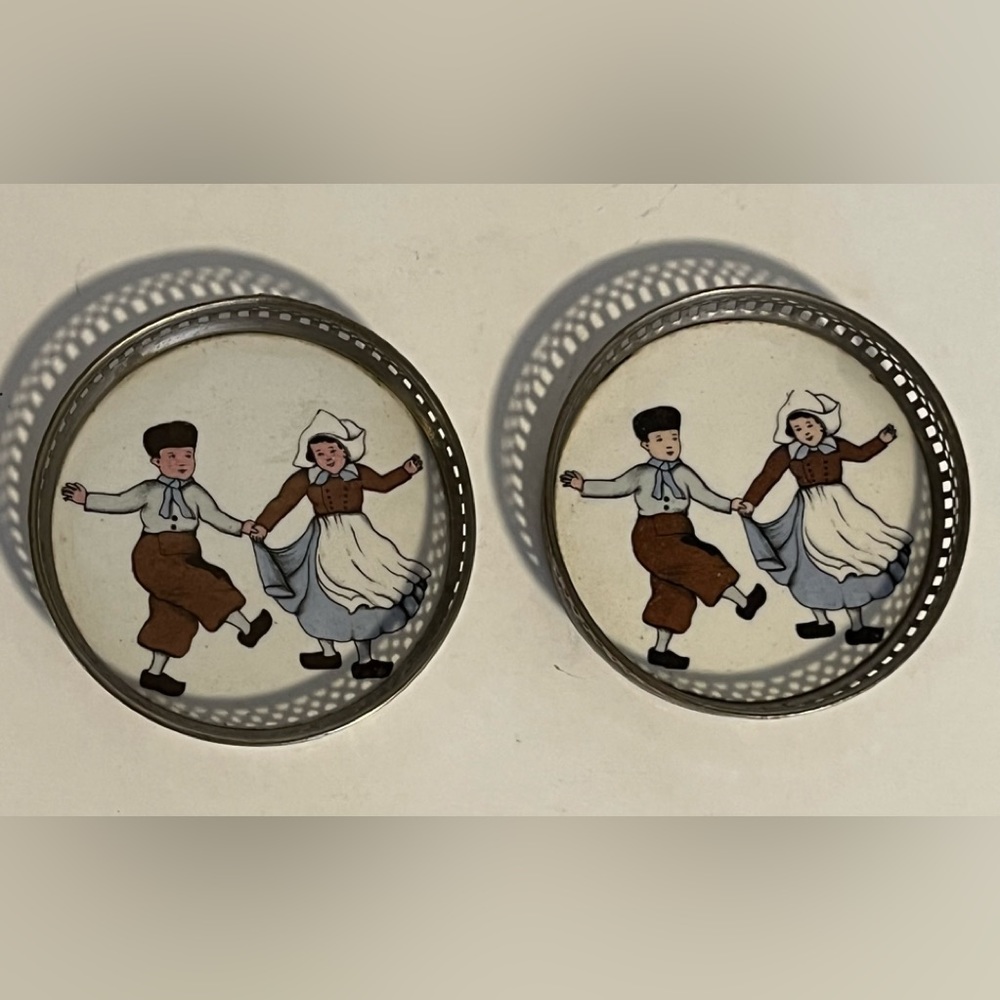 Vintage 1913 German Sternauware Coasters Lattice Trimmed Rim Dutch Boy Girl